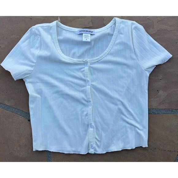 Cotton Emporium Shirt Ladies Small White Cropped Scoop Neck Short Sleeve - Picture 1 of 2